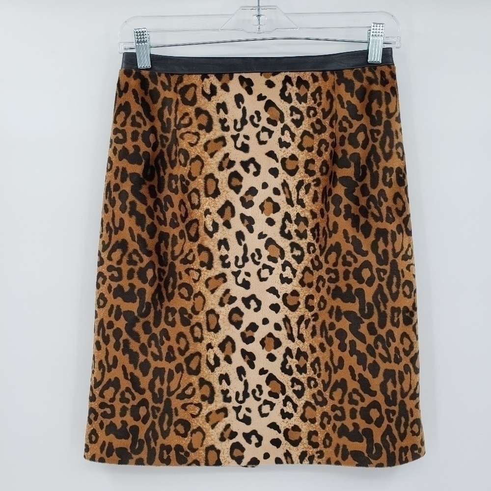 . Shoshanna Leopard Print Leather Trim Fuzzy Pencil Skirt